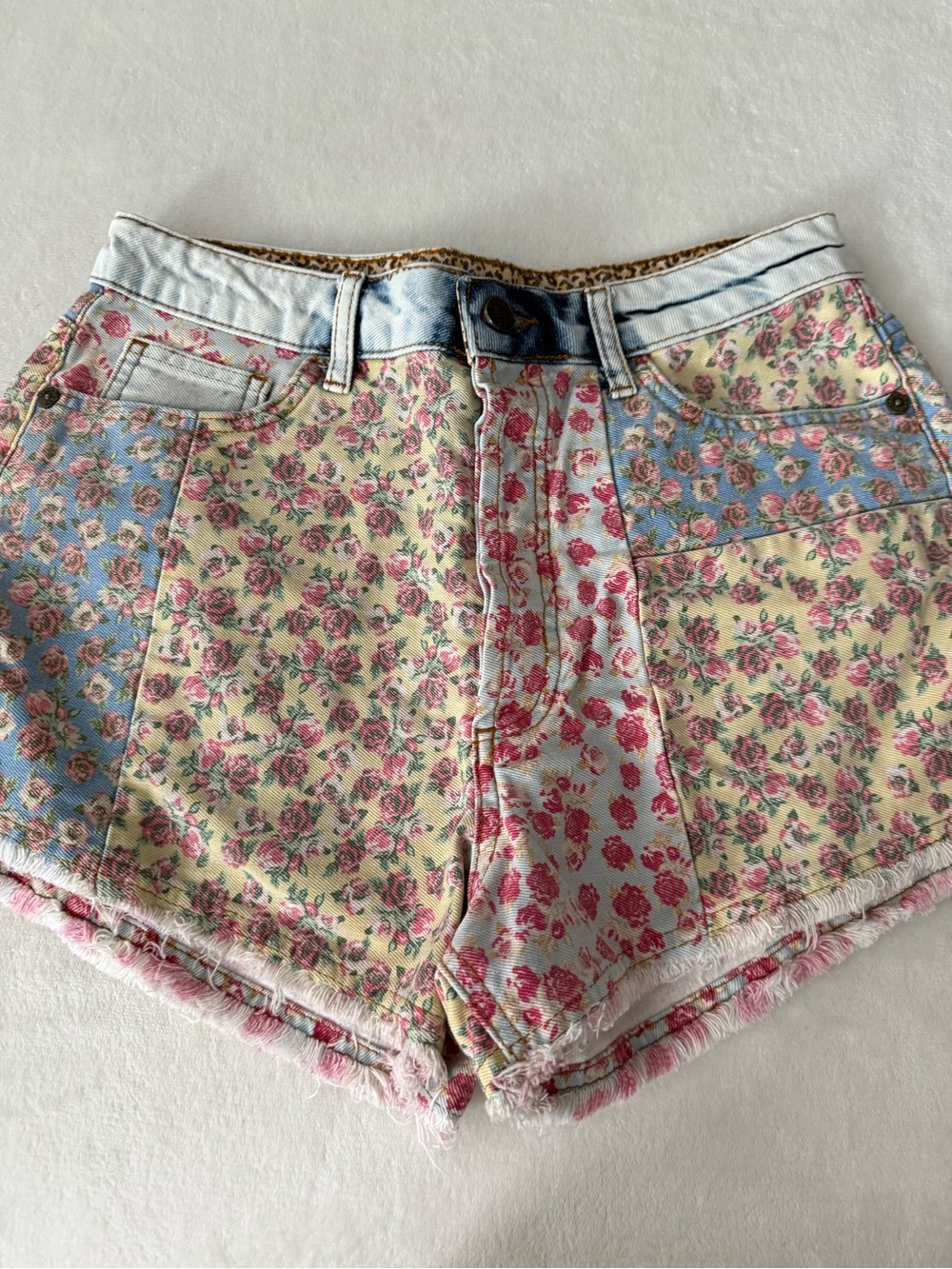Farm Rio Anthropologie Ultra High Patchwork Floral Denim Shorts Size 29 D92